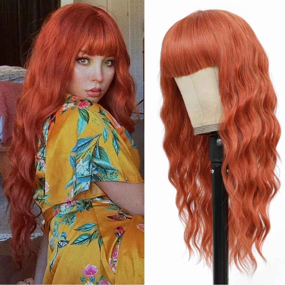 - Human hair blend ginger orange curly wave wig